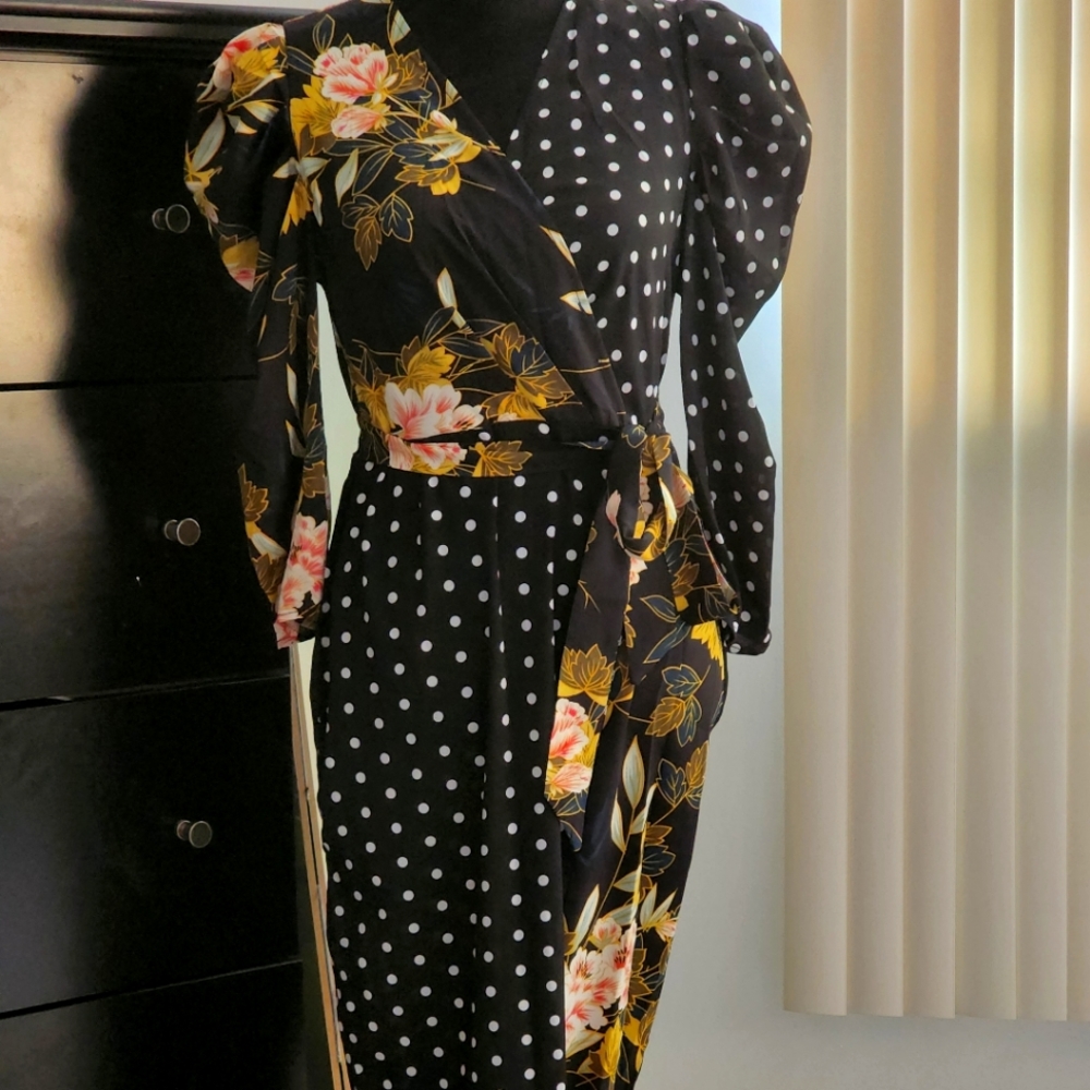 Floor length faux wrap dress. Floral/polka dot. Size medium.